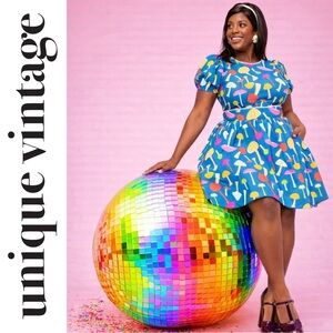 Unique Vintage Smak Parlour Blue & Mushroom Open Back Flare Dress, XL, NWT!